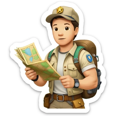 Icon for Adventure Movie: Mark Wahlberg among jungle in a jungle setting, holding a treasure map and surrounded by adventure gear. Behind him, ancient ruins rise through the dense foliage. Exciting, action-packed atmosphere with vivid jungle details. Transparent background. sticker