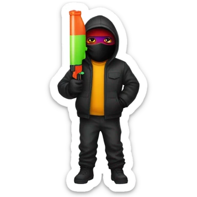 person with ski mask on wearing all black with a watergun sticker