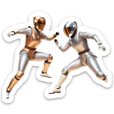 Two fencers in full protective gear duel on a professional piste, their foils clashing in mid-air. The background features a dynamic blur, symbolizing speed and precision. The scene is illuminated by bright arena lights, emphasizing the intensity of the match. Transparent background. sticker