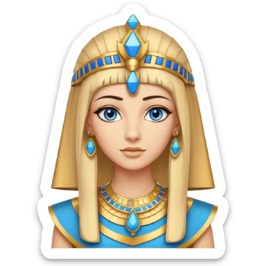 crea l'emoji di Cleopatra ma con i capelli biondi e gli occhi azzurri vestita da faraone con i gioielli egiziani e il cappello da faraone sticker
