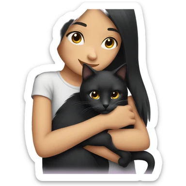 girl with very long black hair hugging a cat  sticker