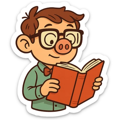 a cartoon nerd with a pig nose, holding a book sticker