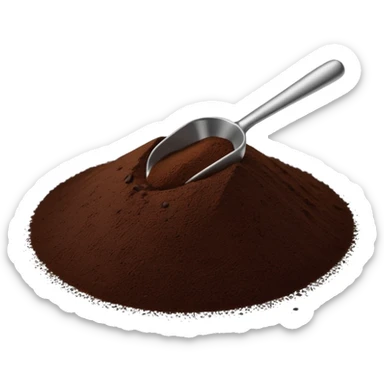 pile of ground coffee, rich dark brown, uneven surface, a few loose grains around, tiny metal coffee scoop partially placed in, clean minimal 3D, soft shadows, stylized for clarity, no packaging no cup no beans sticker