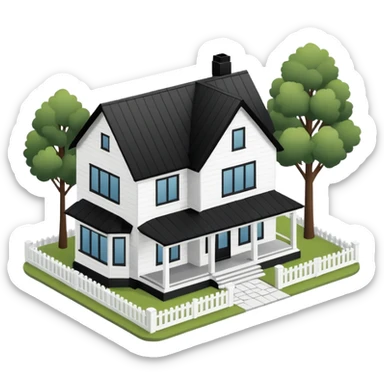 modern farmhouse with white siding and black trim, 3d isometric sticker