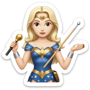 Blonde Wonder Woman holding short white orchestra conductor’s baton and bell sticker