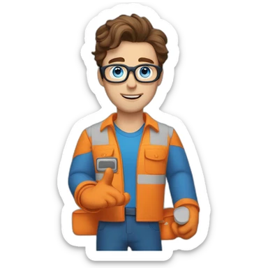 a guy with brown hair, square glasses, in an orange repairman's suit, blue eyes, stretches out his hand to the right sticker