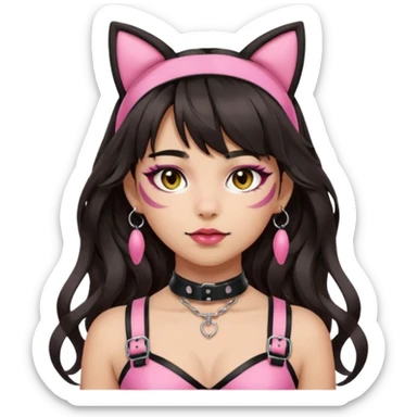 Add bangs to her hairstyle. Keep the makeup natural and minimal. Maintain light-medium Hispanic skin tone, long dark wavy hair, cat ears, and pink BDSM-inspired harness. Apple emoji style with transparent background. sticker