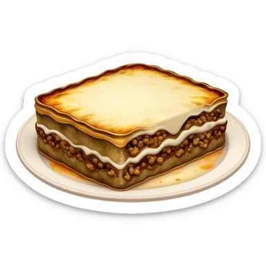 Moussaka Cinematic Realistic Moussaka Dish Emoji, depicted as a rustic serving of moussaka with layers of soft eggplant, ground meat, and a creamy topping featuring a delightfully crispy corner, rendered with rich textures and warm, inviting lighting. sticker
