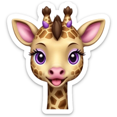A cute little cheeky giraffe face with purple eyes sticking her tongue out and with her paw pulling down her lower eyelid of her right eye drawn in chibi style  sticker