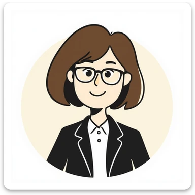 hand-drawn emoji-style avatar of a professional woman with glasses, short brown hair, and a blazer, smiling, clean minimal friendly look, soft color palette, plain or lightly colored background, modern vector startup website style sticker
