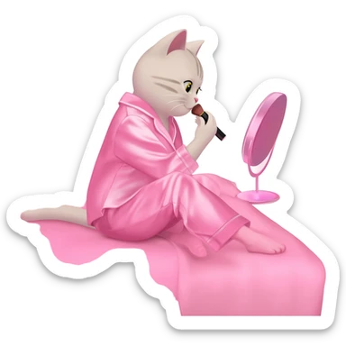 Show me a picture or a girl cat sitting in a cute room doing makeup into a pink little mirror wearing pink silky pajamas in a pink blanket sticker