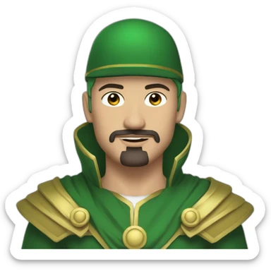man with green hair green suit and large green top with gold strip hat goatee green cape sticker