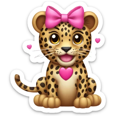 leopard with a bow on its head holding a pink heart in its paws sticker