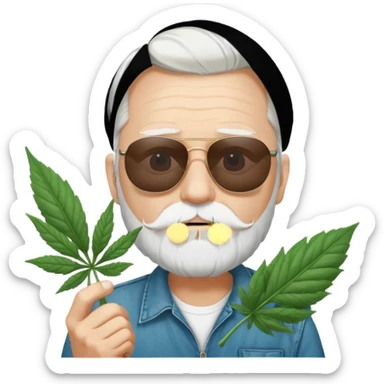 An old skinny guy in his 50's with white hair and stumbly small white beard, he wears a pair of sunglassed and holds a Big marihuana leaf  sticker