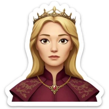 Cinematic Realistic Cersei Lannister Portrait, depicted with lifelike skin texture, subtle rosy undertones, and soft natural lighting that enhances the gentle contours of her face. Her intricately detailed golden blonde hair is elegantly styled , sticker