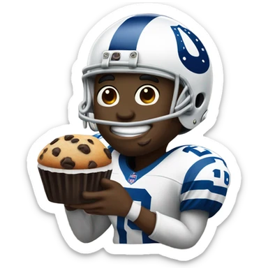 Black man with Colts football helmet eating a chocolate chip muffin sticker