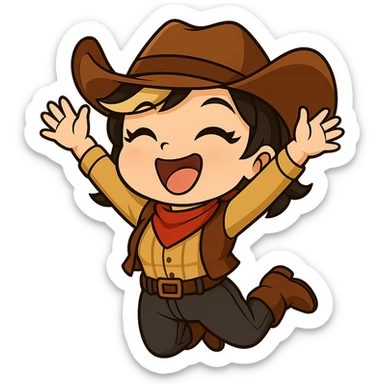 Sexy chibi cowgirl with short hair and a blonde streak, wearing a cowboy hat and western outfit, no guns. Chibi/anime style, transparent background, sized for Twitch or Discord use. Pose: jumping in the air, arms up, big excited grin. sticker