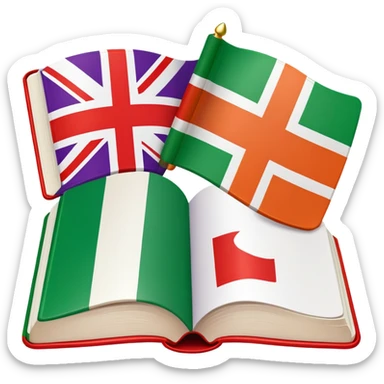 Italian to English dictionary book cover with correct Italian flag and extremely wrong British flag with completely incorrect colors like purple and orange or wrong symbols sticker
