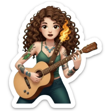 woman with long curly brown hair, brown eyes, white skin, tattoos, blowing glowing forest spores like stage smoke after a guitar solo sticker