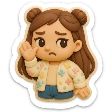 3D chibi fondant cake art style, high-quality rendering with smooth shadows and soft gradients. Girl based on reference image (preserve facial features), long brown hair in two space buns, brown eyes, jeans, pastel floral cardigan, thick white outline like a sticker, transparent background. Waving her hand in front of her nose like 'ew, it stinks'. Make sure her appearance matches previous stickers. sticker