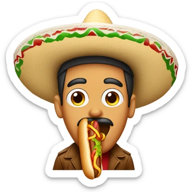 Mexican man wearing a sombrero, licking a hotdog sticker