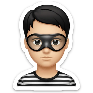 Realistic ios emoji-style portrait of a classic burglar, a black eye mask and a black-and-white striped shirt. Highly detailed, natural skin texture, soft cinematic lighting, realistic shadows, smooth gradients, clean outline, glossy reflections in the eyes.  sticker