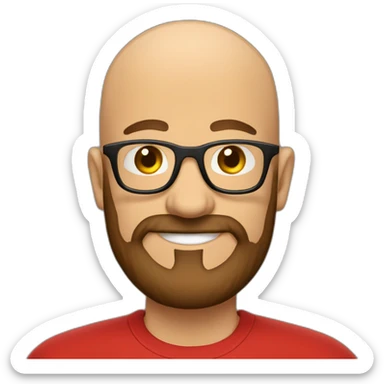 Bald man smiling with glasses and big bushy brown beard with. Wearing red t shirt sticker