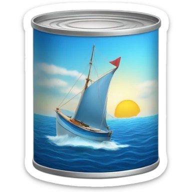 Realistic small can of tuna showing the blue shape of a sailling boat on a sea background sticker