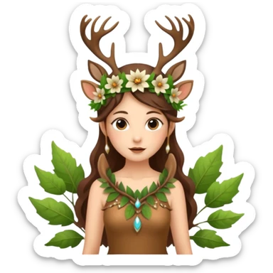 forest fairy woman dressed as deer spirit, antler crown and leaf dress, standing in flowers sticker