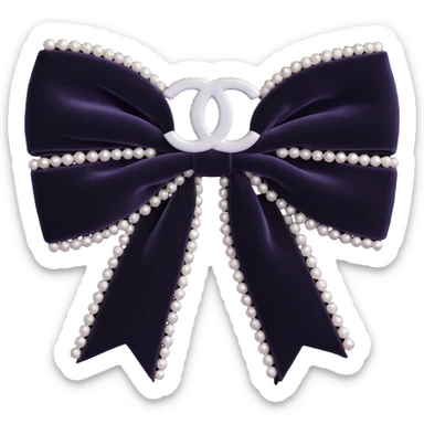 elegant velvet bow with pearls and silver Chanel logo, glossy, black and white, 3D emoji style sticker