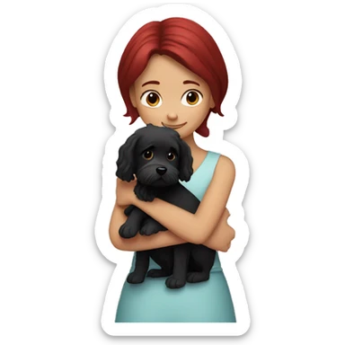 Dark red hair girl hugs  her maltese black dog sticker