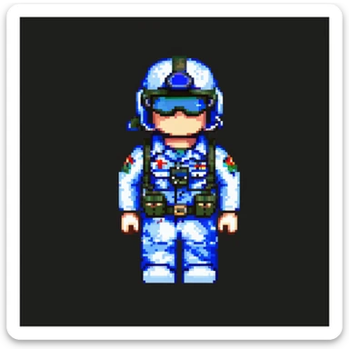 robloxian military man, blocky figure, blue camo, helmet with goggles, standing at attention, simple background sticker