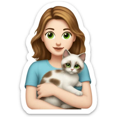white woman with medium-length brown hair, green eyes and freckles on her nose, holding her birman kitten in her arms with much love, the baby cat has blue eyes, a lot of spots of dark on ears and middle of the face. sticker