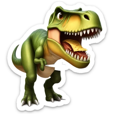tyrannosaurus showing thumbs up with a table with food in the back sticker