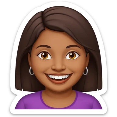 40 yr old chubby sri lankan woman, dark skin, straight brown hair, big smile, white teeth sticker