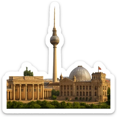 cinematic, realistic emoji of Berlin skyline featuring iconic landmarks such as the Brandenburg Gate, Berlin TV Tower, and Reichstag, lifelike detail, accurate colors, bright lighting, wide city view, no sky, fully transparent background sticker