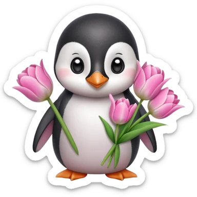 Cute baby penguin holding flower bouquet wraped in white paper and all flowers tulips in pink colour sticker