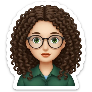 rapariga, olhos verdes escuros, rosto oval, cabelos muito compridos aos caracóis, com óculos sticker