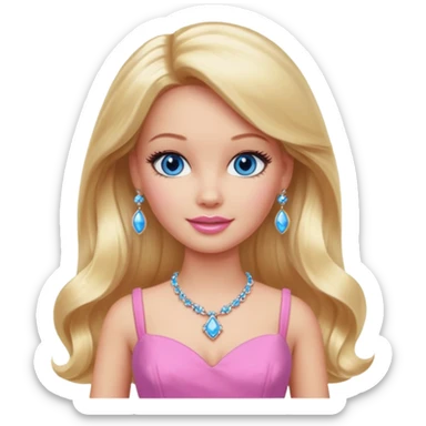 barbie, long blonde hair, pink dress, with blue eyes,different dress,ear rings, jewelry. sticker