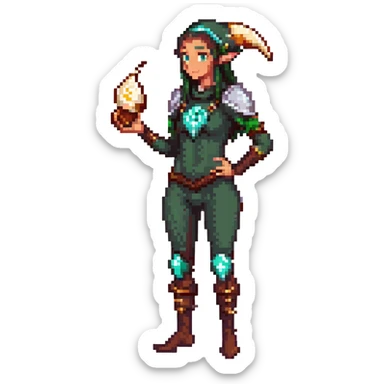 elf female Short wetsuit-style garb, glowing runes on skin, holding a conch horn. sticker