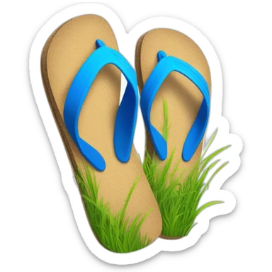 flip flops with grass all along the footbed, with a blue strap and post sticker