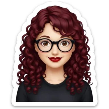 nữ 35 tuổi, da trắng,mặt tròn, môi đỏ thẫm, tóc dài xoăn, tóc mái 1/3, đeo kính đen, cười tươi sticker