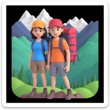 back packer couple posing, mountains in background,   close up pose sticker