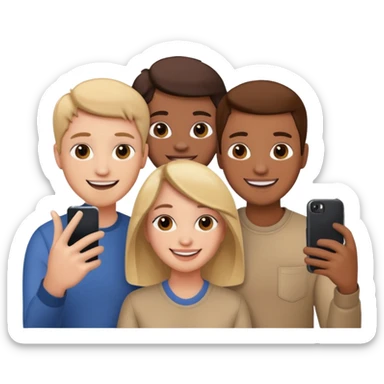 three friends holding phone selfie smiling sticker