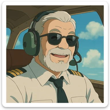middle-aged male pilot, white skin, silver hair, beard, smiling, wearing sunglasses, ghibli anime style sticker