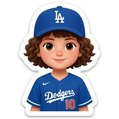 toddler girl in a dodgers uniform with baseball cap curly brown short hair and dark brown eyes sticker