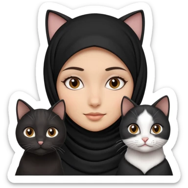 A girlhuman with brownblack eyes and black hijab. and three cats, two blackwhite and one grey cats animals  sticker