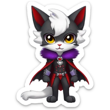 Anthro-Cute-Edgy-Cool-Vampiric-Batty-Cat-Black-Purple-Red-Grey-White-Yellow-Contrast-Colors-Fantasy-Fur-Sona-Chibi-Shiny-Fakémon-Hybrid with horns and fangs and collar full body sticker