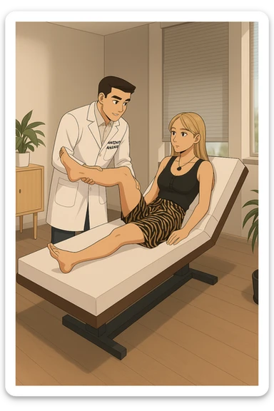 fai un webtoon/manga a colori con questo kinesiologo in camice bianco (fagli la scritta "ANTONIO ANANIA" SUL CAMICE) CHE SVOLGE UN TEST NEUROMUSCOLARE SOLLEVANDO UNA GAMBA ALLA RAGAZZA CHE è STESA SU UN LETTINO BIANCO. STANZA SEMPLICE E MODERNA, DURANTE IL TEST I DUE DIALOGANO TRA LORO. NON FARE I FUMETTI, FAI SOLO LORO COME SE DIALOGASSERO sticker