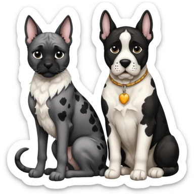 Black and white great dane dog sitting with a black and white cat sticker